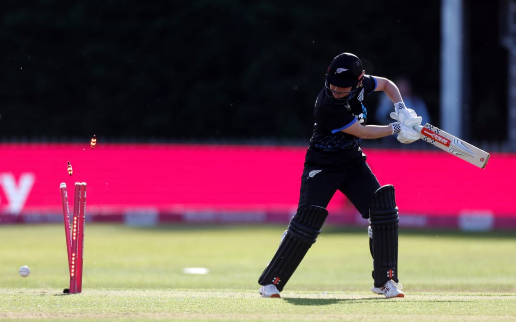 Georgia Plimmer of New Zealand is bowled