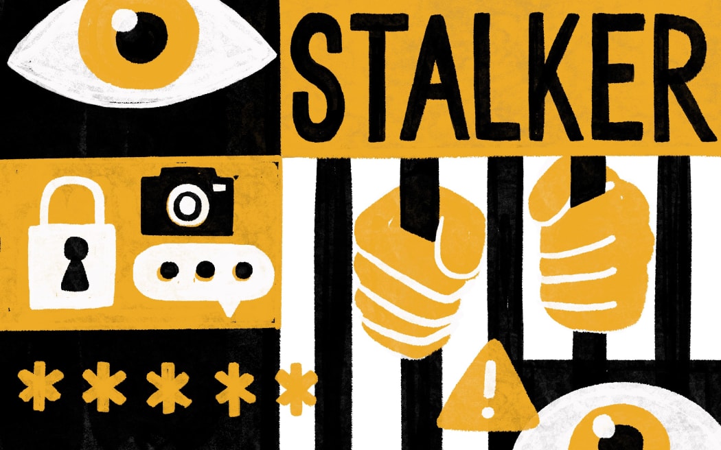 Composite of stalker text with eyes, and hands behind bars.