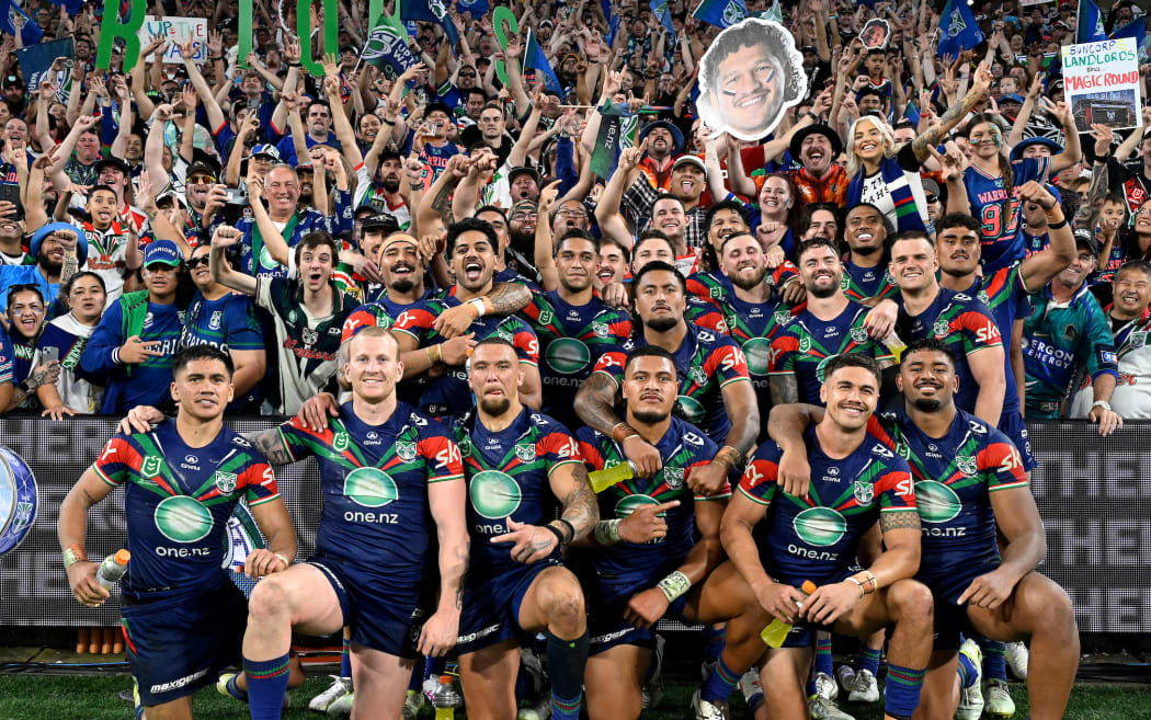Warriors players pose with fans following the NRL Round 11 match between the New Zealand Warriors and the Brisbane Broncos at Suncorp Stadium in Brisbane, Sunday, May 17, 2026. (AAP Image/Dave Hunt Photosport)