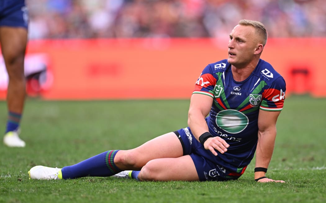 Tanah Boyd of the Warriors sustains an injury while playing Brisbane, 2026.