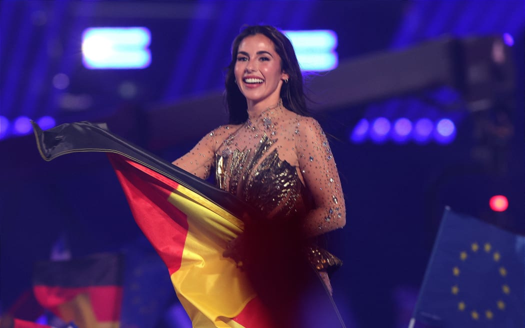 16 May 2026, Austria, Wien: Sarah Engels from Germany takes to the stage with the other participants in the final of the 70th Eurovision Song Contest (ESC) in Vienna's Stadthalle. Photo: Jens Büttner/dpa (Photo by JENS BUTTNER / dpa Picture-Alliance via AFP)