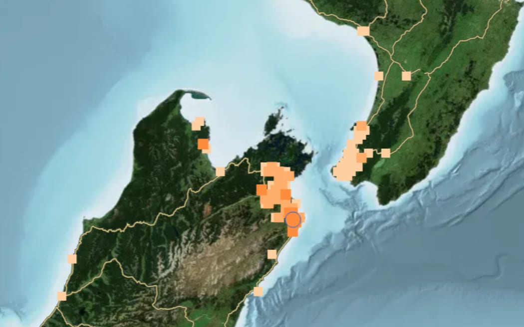 The GeoNet 'Felt Report' earthquake map, after the quake that was centred near Seddon, on 16 May 2026.