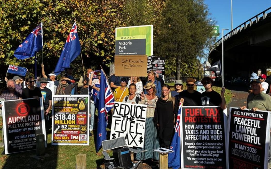 A handful of people have gathered at Auckland's Victoria Park as part of a nationwide protest against fuel taxes.