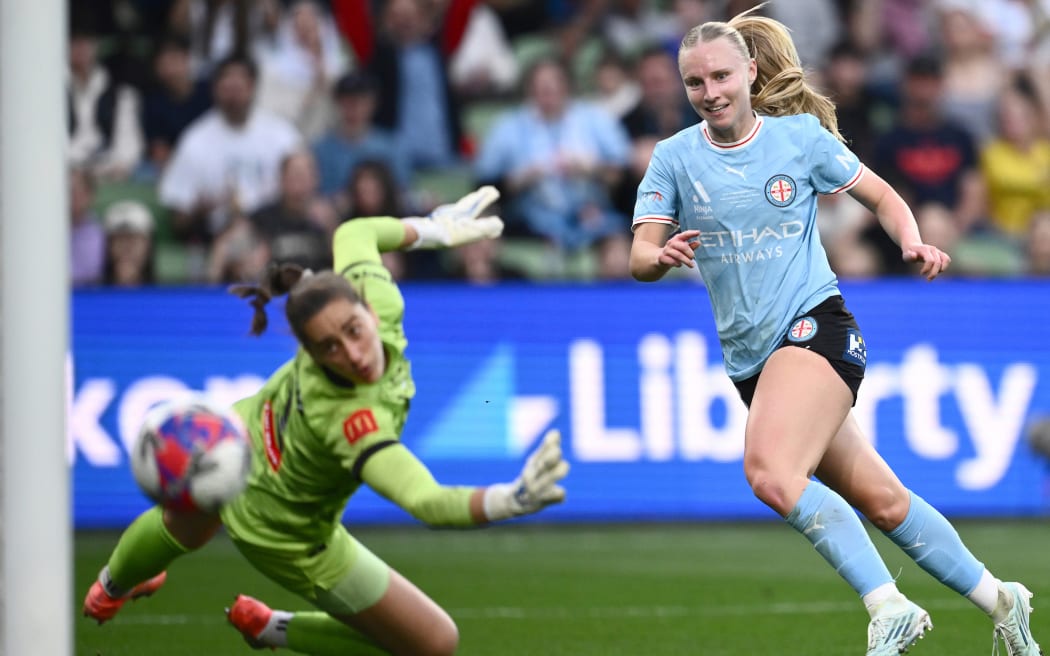 Holly McNamara of Melbourne City scores a goal during the A-League Women Grand Final match between Melbourne City and Wellington Phoenix at in Melbourne, Saturday, May 16, 2026. (AAP Image/Joel Carrett / Photosport) NO ARCHIVING, EDITORIAL USE ONLY