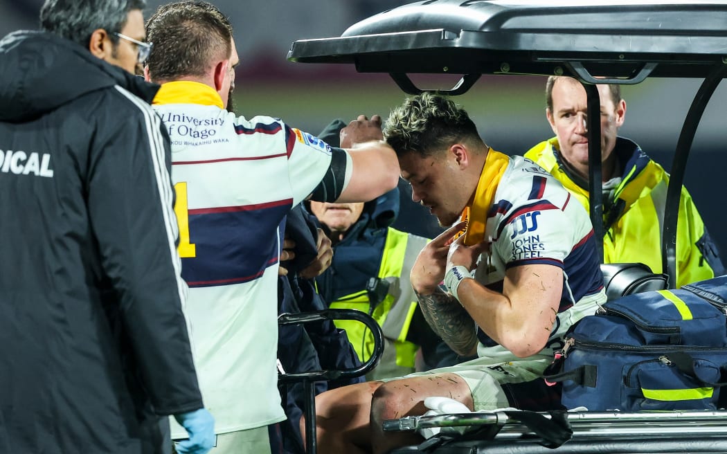 Highlanders' Caleb Tangitau picks up an injury during the Chiefs vs Highlanders, Super Rugby Pacific match at FMG Stadium, Hamilton, New Zealand on Friday 15 May 2026. Photo: DJ Mills / Photosport