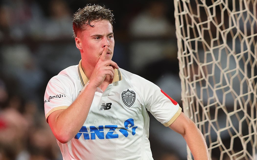 Jake Girdwood-Reich of Auckland celebrates his goal during the Leg 2 of the A-League Men Elimination Final series between Adelaide United and Auckland FC at Coopers Stadium, on May 15, 2026, in Adelaide, Australia.