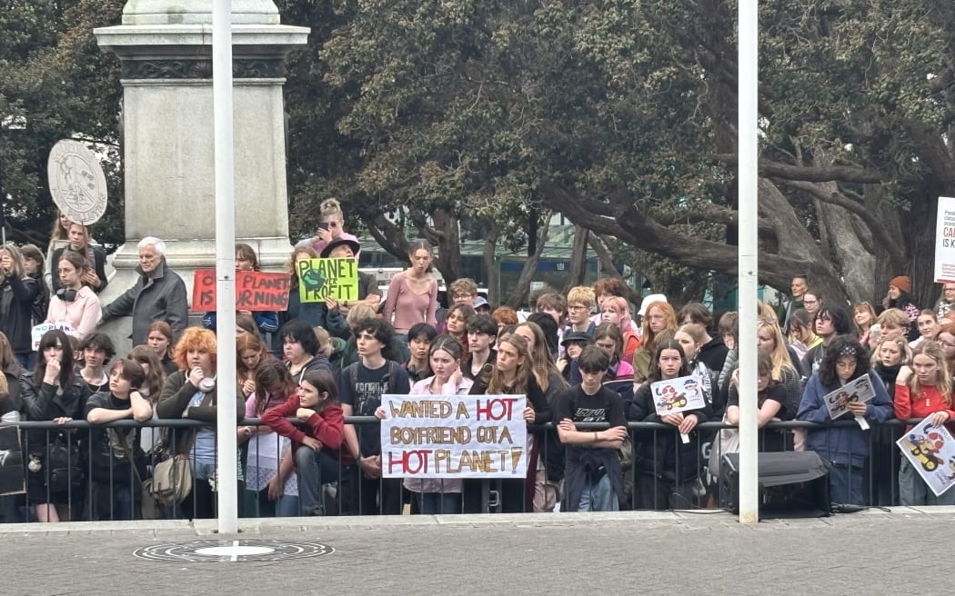 Hundreds of school students are gathered outside Parliament after marching through Wellington urging the government to take action against climate change.