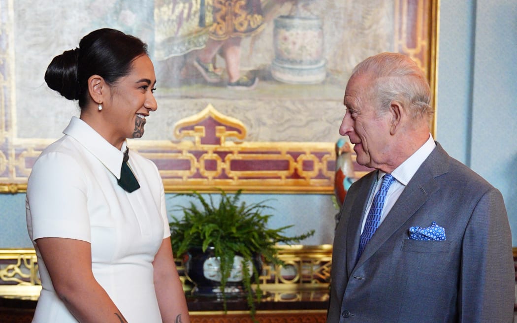 Britain's King Charles III smiles during an audience with Māori queen, Te Arikinui Kuini Nga wai hono i te po, at Buckingham Palace in London on May 14, 2026. (Photo by Aaron Chown / POOL / AFP)