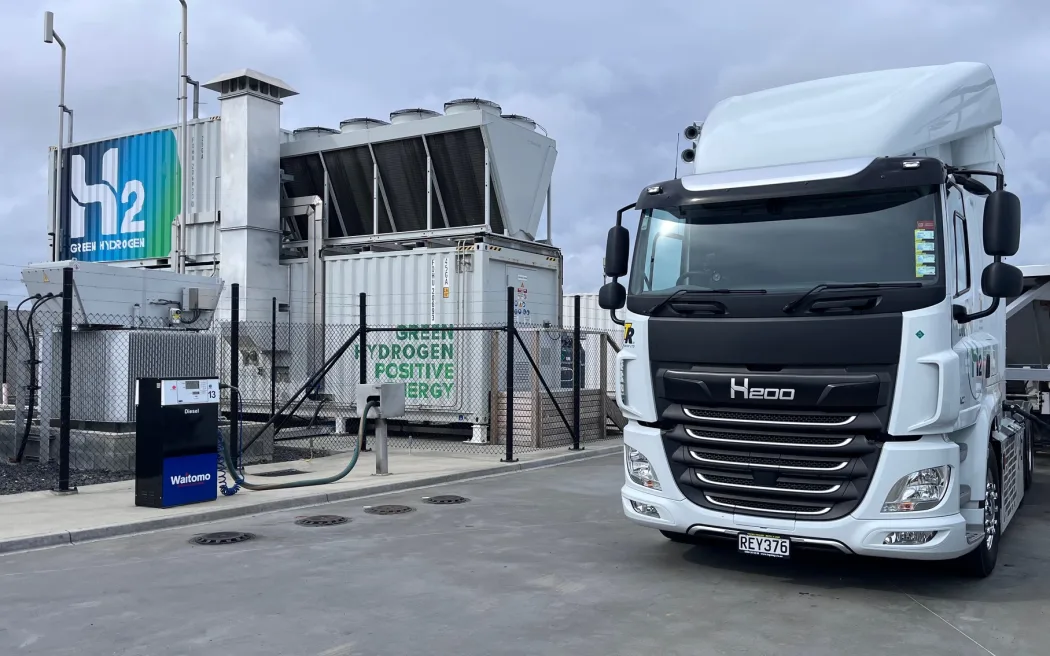 A hydrogen fuel cell truck at the Hiringa refuelling station in Wiri, Auckland.
