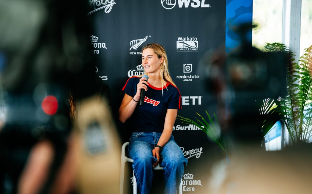 RAGLAN, NEW ZEALAND - MAY 14: Alani Morse of New Zealand at the press conference at the Corona Cero New Zealand Pro on May 14, 2026 at Raglan, New Zealand. (Photo by Rambo Estrada/World Surf League)