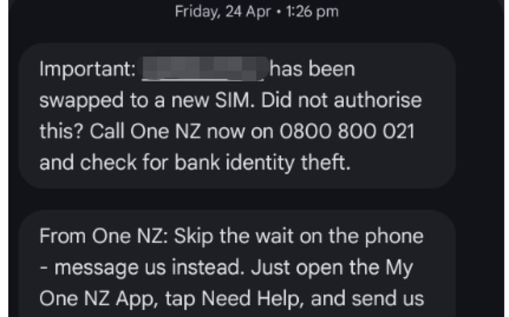 A text message Auckland man Jade Wang received reminding him that his SIM card is being swapped on 24 April 2026.