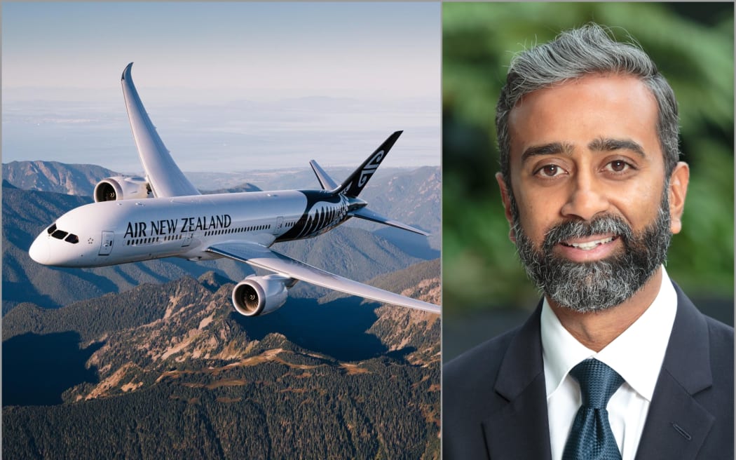 Image of an Air New Zealand Dreamliner and CEO Nikhil Ravishankar.