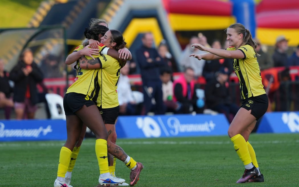 The Phoenix celebrtae a goal during the A-League Women’s Semi Final leg 2 - Wellington Phoenix v Brisbane Roar at  Porirua Park, on the 10 May 2026. © Copyright image by Marty Melville / www.photosport.nz