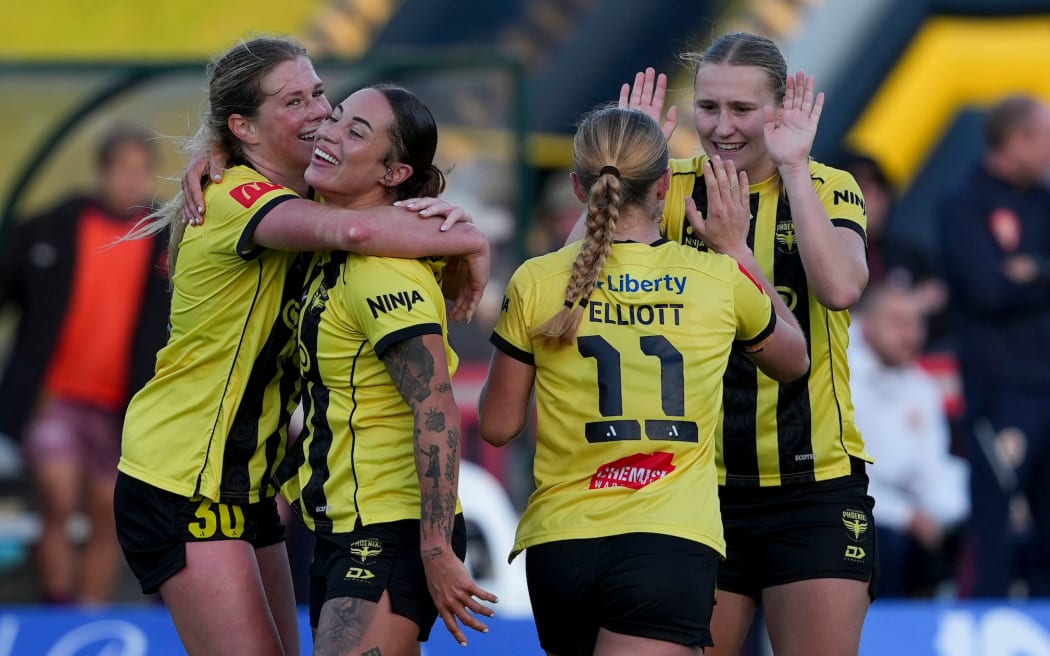The Phoenix celebrtae a goal during the A-League Women’s Semi Final leg 2 - Wellington Phoenix v Brisbane Roar at Porirua Park, on the 10 May 2026. © Copyright image by Marty Melville / www.photosport.nz