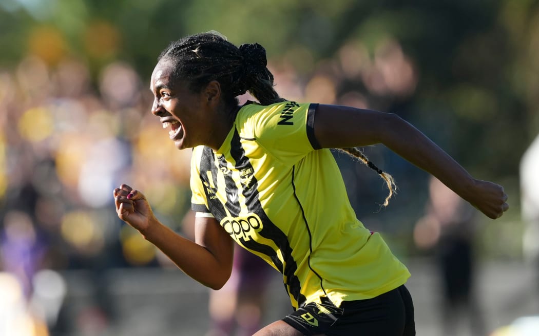 Phoenix player Makala Woods celebrates a goal during the A-League Women’s Semi Final leg 2 - Wellington Phoenix v Brisbane Roar at  Porirua Park, on the 10 May 2026. © Copyright image by Marty Melville / www.photosport.nz
