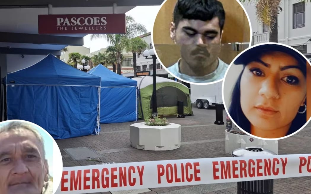 Trizarn Henare (inset top) has been found guilty, with another man, of the murder of Boy Taylor (bottom left) in Emerson St, Napier in December 2024. Two years earlier, Henare's mother Arohaina Henare (right) was murdered by another man.