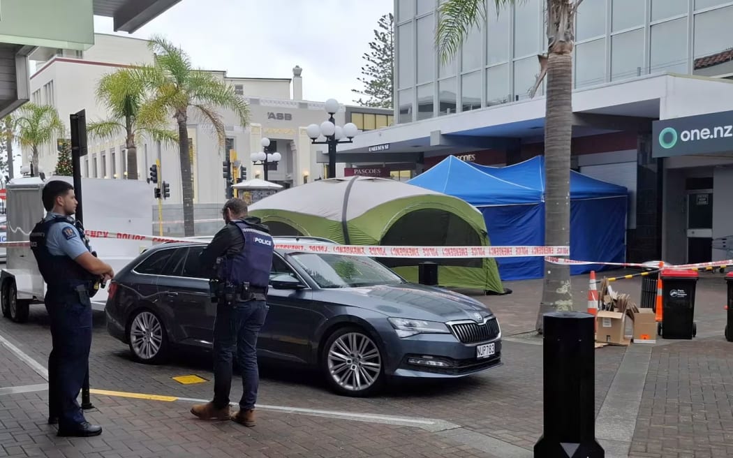 Police at the scene of Boy Taylor's death in Emerson St, Napier. Photo / Doug Laing