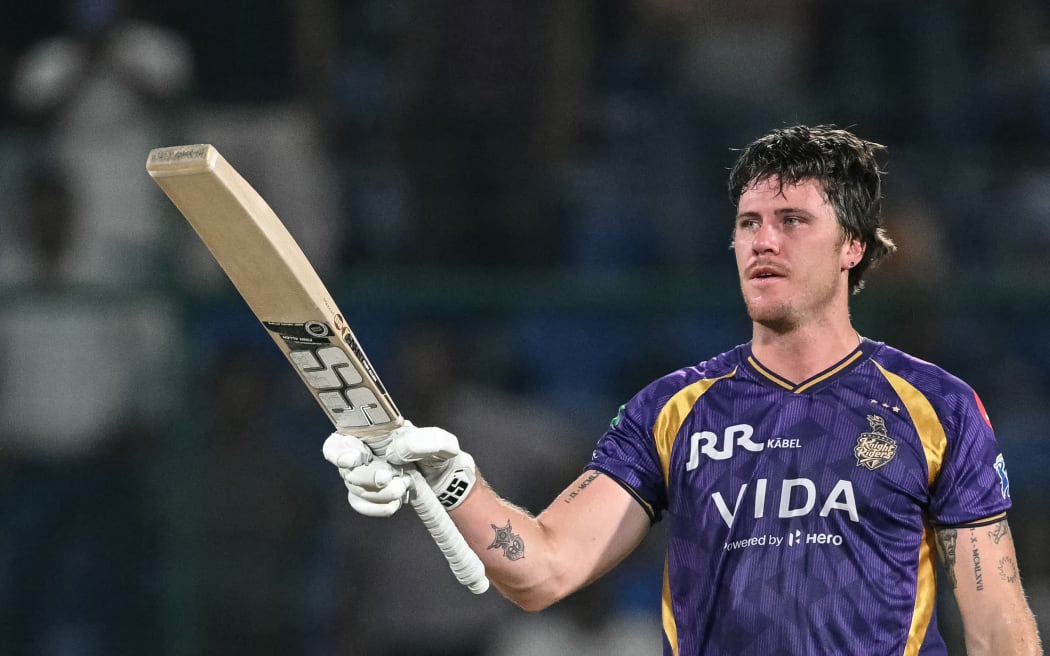 Finn Allen celebrates scoring a century for Kolkata Knight Riders.