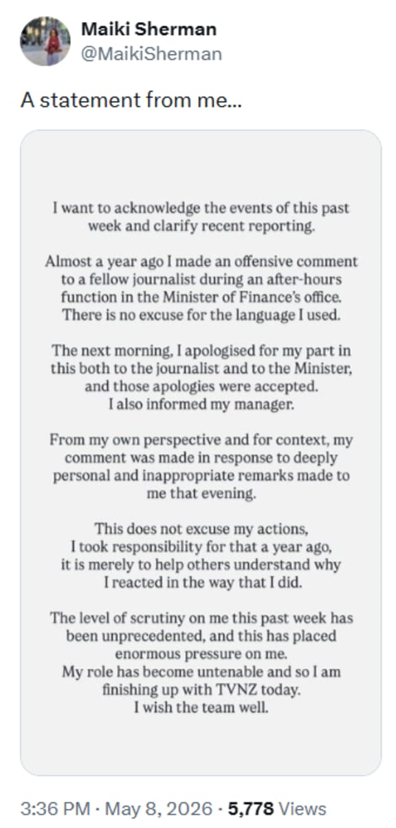 Maiki Sherman has resigned from TVNZ following an event that happened a year ago.