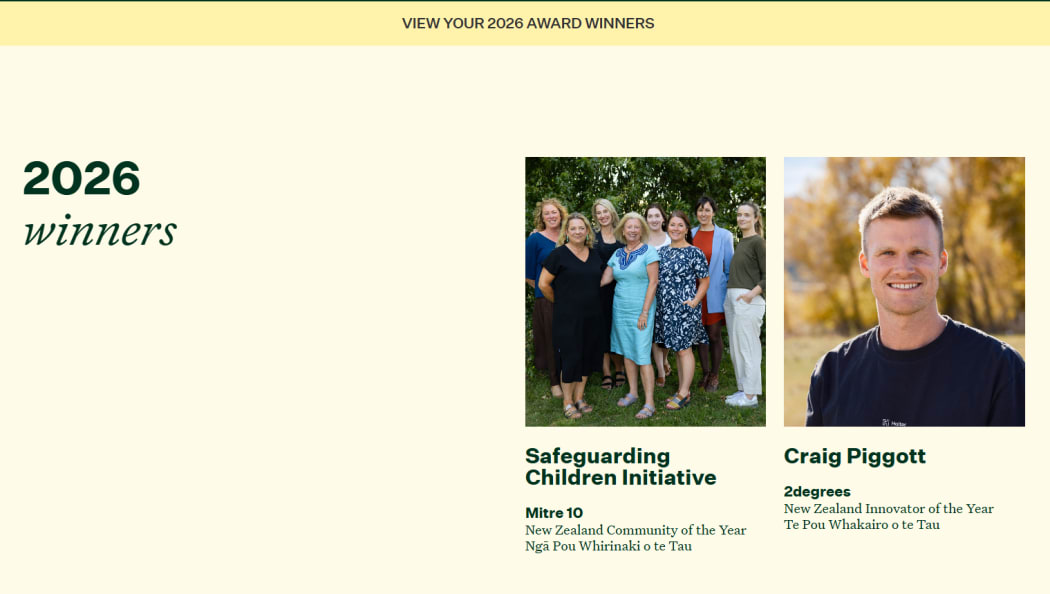 The Kiwibank New Zealander of the Year 2026 Award Winners page has a blank space where Rod Drury originally appeared.