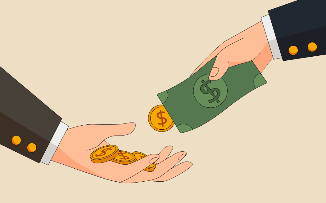 An illustration of two hands in a business suit with one giving cash money to the other.