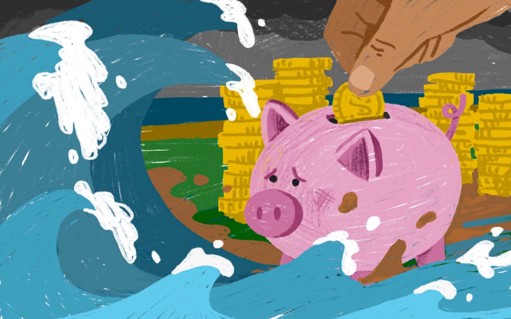 Piggy bank in floodwaters.