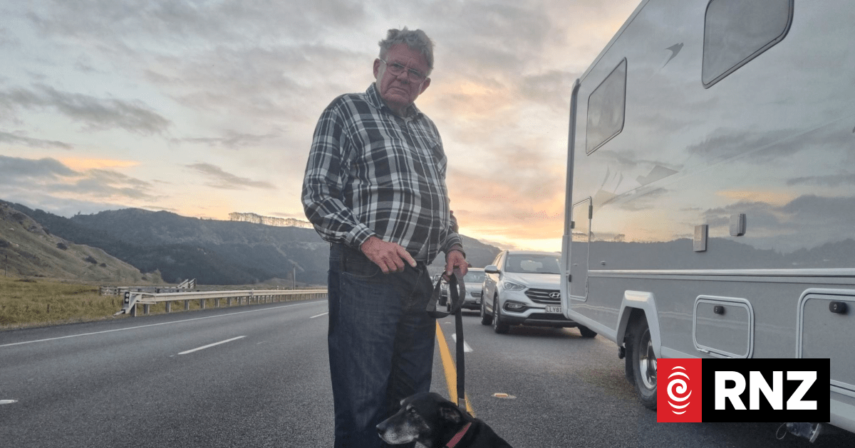 Motorists enjoy the wait as convoys continue through Awakino Gorge