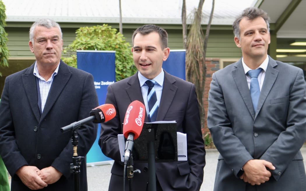 Waitaki MP Miles Anderson, Health Minister Simeon Brown and Southland MP Joseph Mooney at the announcement in Queenstown on Wednesday.