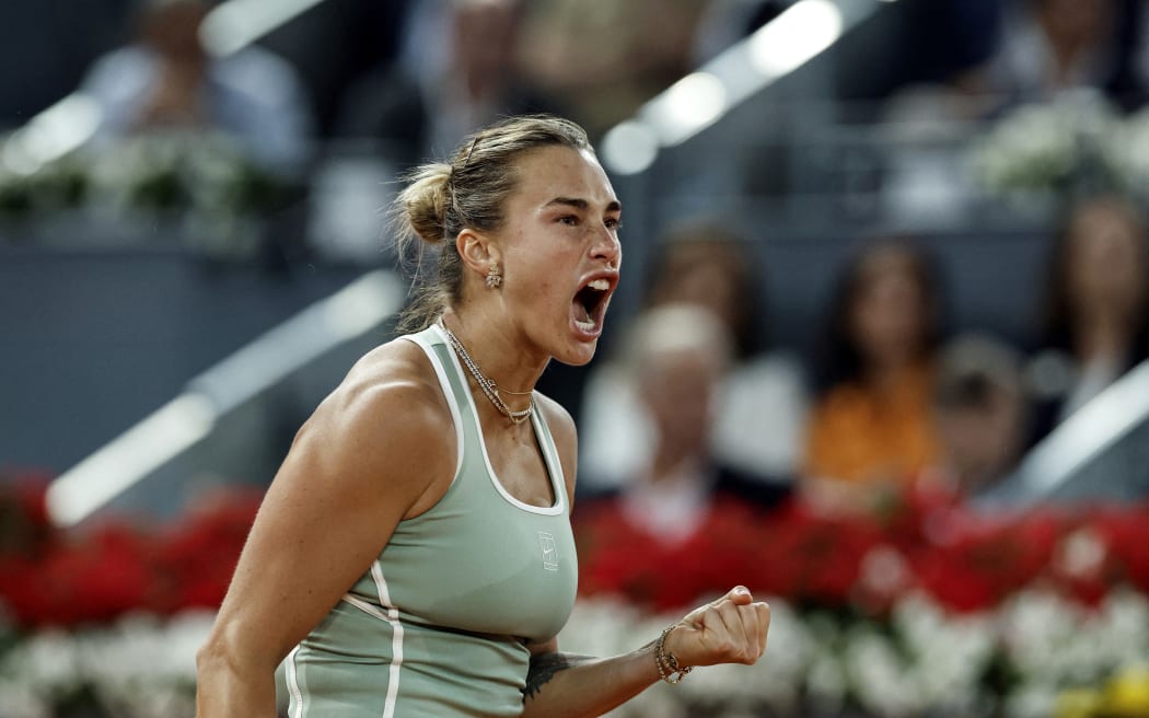 Belarus' Aryna Sabalenka reacts after winning a point against Hailey Baptiste during their 2026 WTA Tour Madrid Open tennis tournament singles match in Madrid, on April 28, 2026. (Photo by OSCAR DEL POZO / AFP)