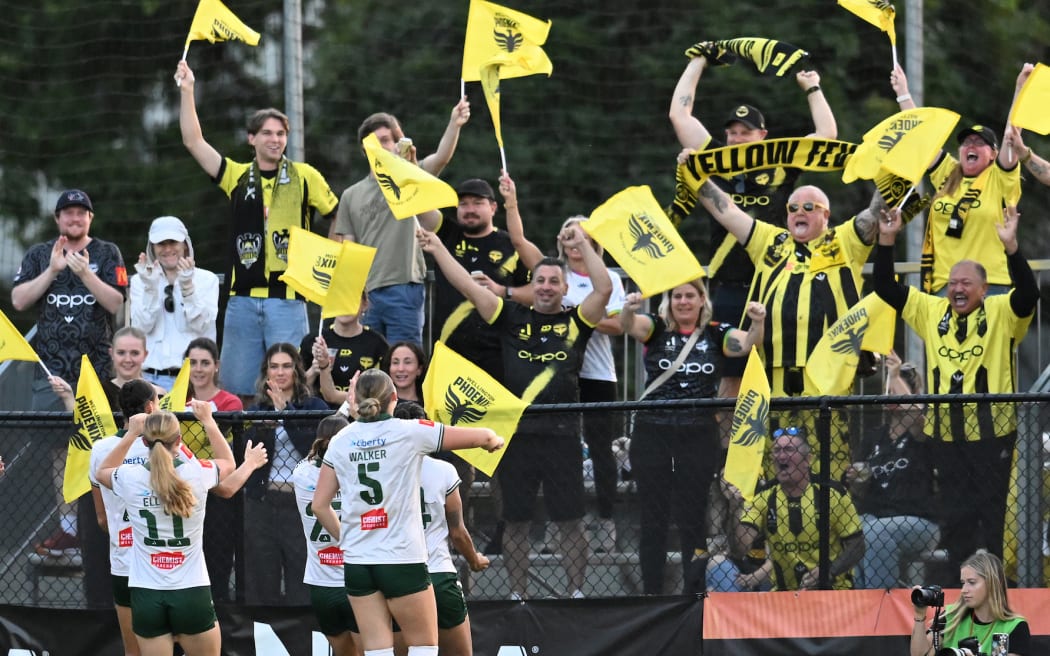Grace Jale (centre) of the Phoenix celebrates with team mates after scoring a goal during the A-League Women’s Semi Final match between the Brisbane Roar and the Wellington Phoenix at Spencer Park in Brisbane, Sunday, May 3, 2026. (AAP Image/Darren England/ Photosport)