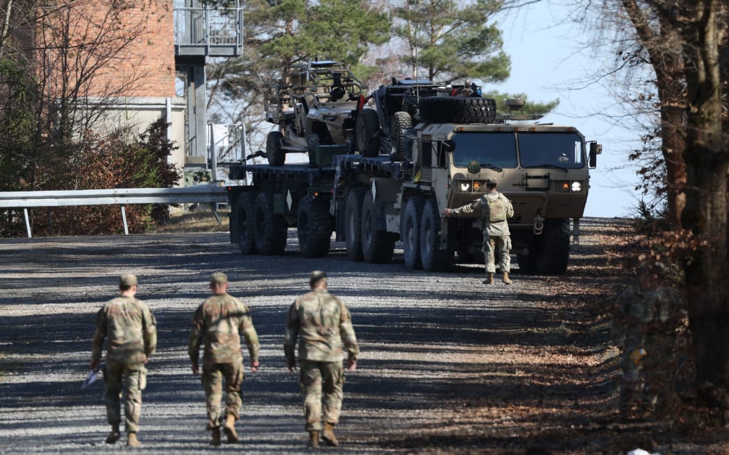 A truck of the U.S. Army transports unmanned ground vehicles (UGVs) at the xTech Edge Strike: Ground robotics technology evaluation of the U.S. Army at the Grafenwoehr training grounds on March 13, near Grafenwoehr, Germany.
Mandatory Credit:	Sean Gallup/Getty Images via CNN Newsource