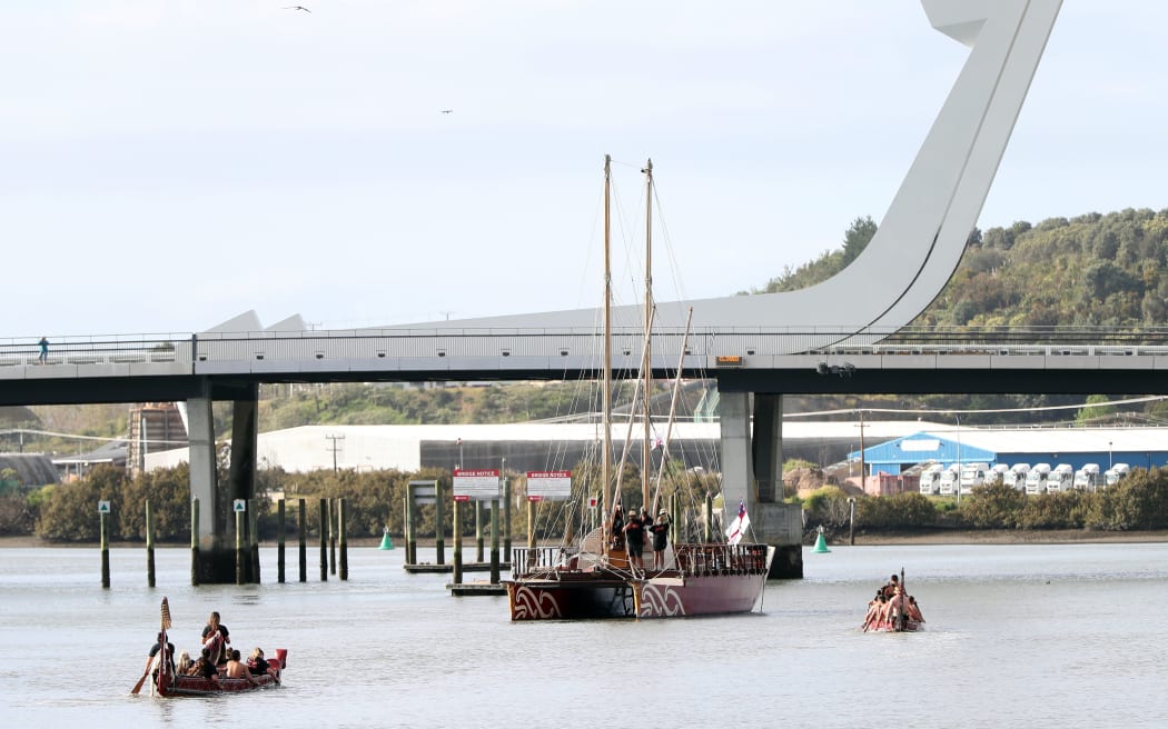 Waka hourua travel under Te Matau a Pohe in 2019 during a pōwhiri as part of the national Tuia Encounters 250 celebrations marking 250 years since the first onshore encounters between Māori and Europeans in New Zealand. (Photo NZME please credit)