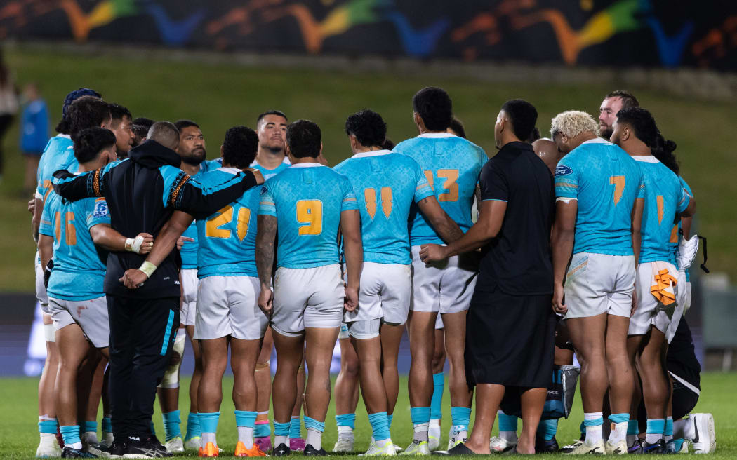 Moana Pasifika team in a huddle after the Super Rugby Pacific - Round 12 match between Moana Pasifika v Blues held at North Harbour Stadium, Auckland - New Zealand - on Saturday 02 May 2026.
Photo credit: Brett Phibbs / www.photosport.nz