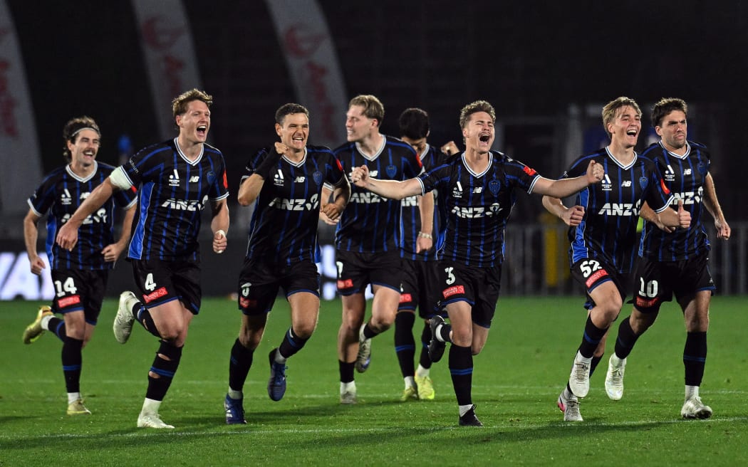 Auckland FC players celebrate winning the match their penalty shootout against Melbourne City in the A-League elimination final  Go Media Stadium, Auckland, New Zealand on Saturday 2 May 2026.