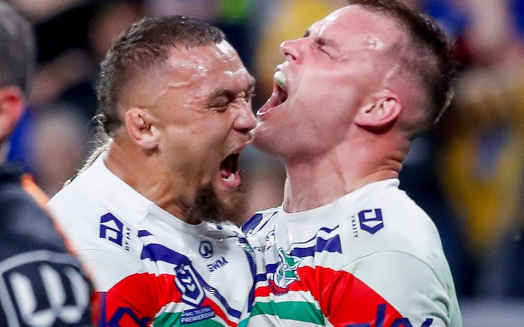 Jackson Ford celebrates with James Fisher-Harris after scoring. Parramatta Eels v One NZ Warriors. NRL Rugby League, CommBank Stadium, NSW, Australia, Saturday 2nd May 2026 Copyright Photo: David Neilson / www.photosport.nz