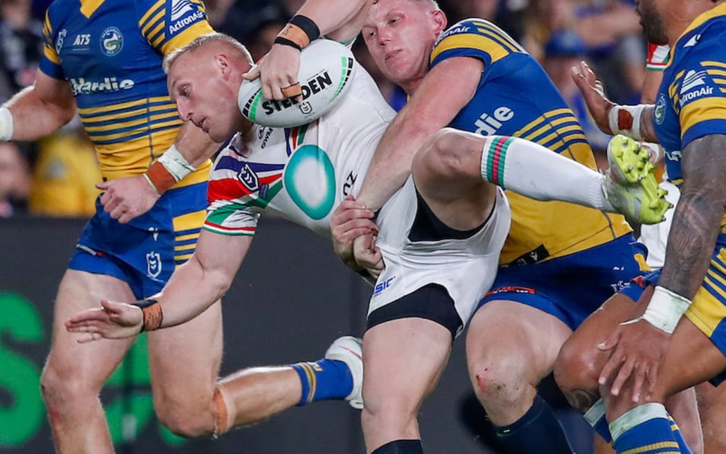 Tanah Boyd is tackled. Parramatta Eels v One NZ Warriors. NRL Rugby League, CommBank Stadium, NSW, Australia, Saturday 2nd May 2026 Copyright Photo: David Neilson / www.photosport.nz