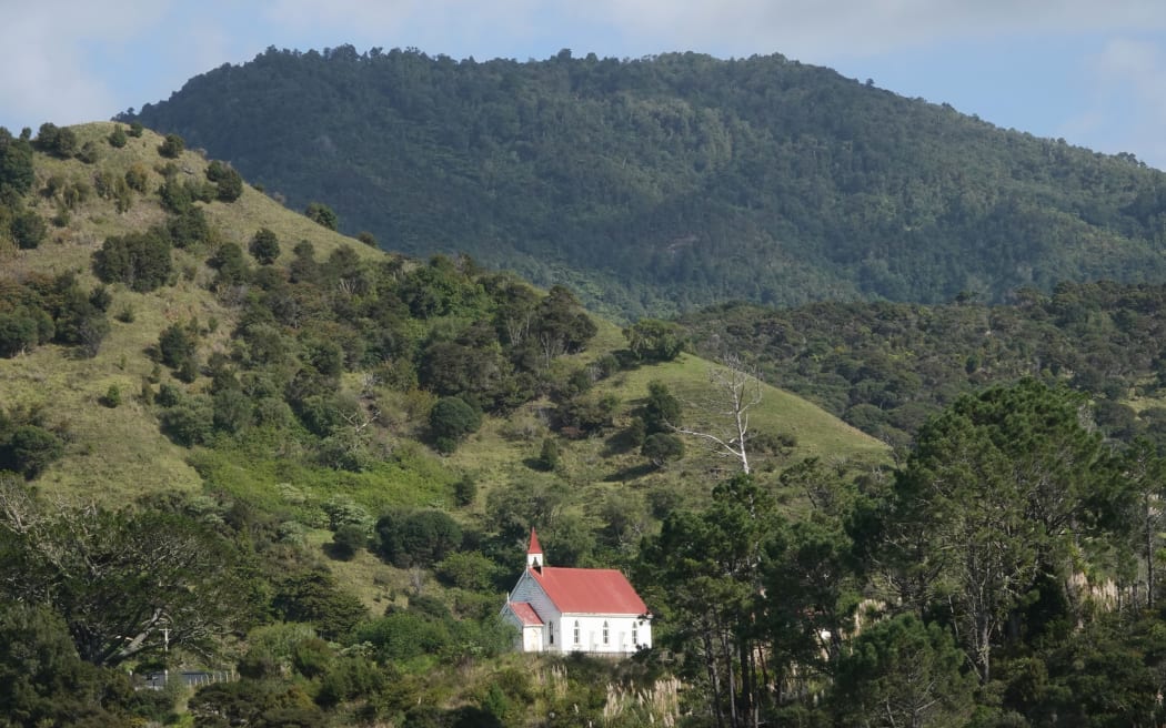 Whirinaki’s historic Methodist church is high and dry on a hill above the settlement.