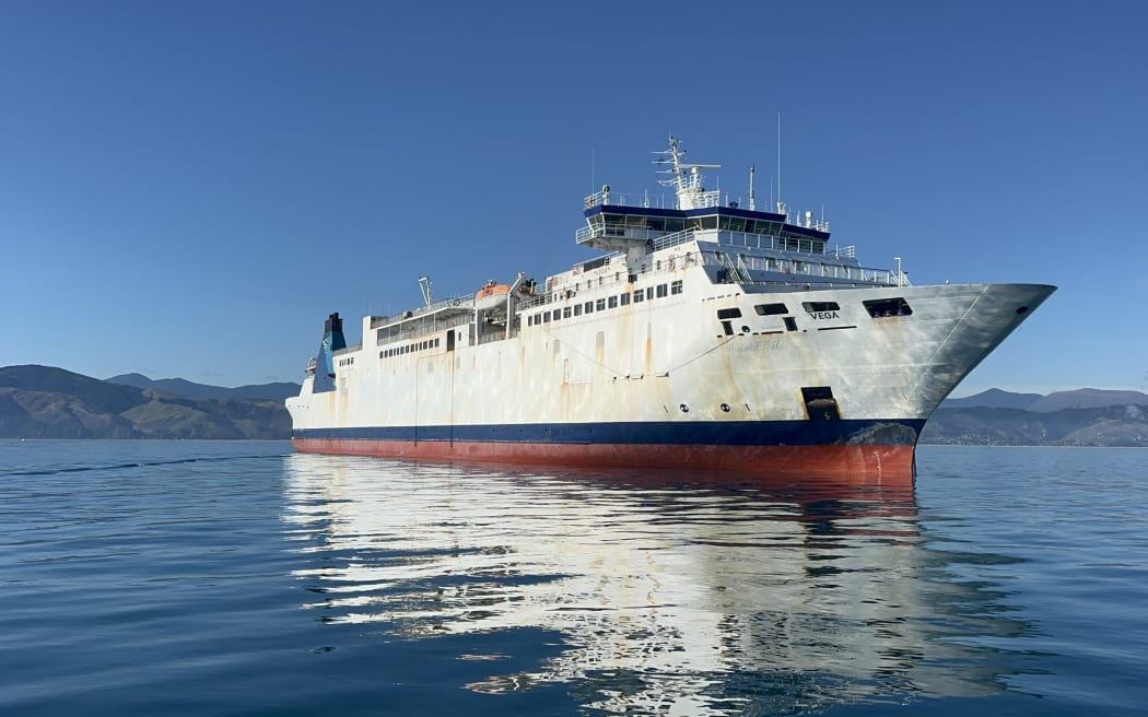 The Vega at anchor in Tasman Bay, where it has been since December 2025, awaiting permission to enter India where it will be dismantled.