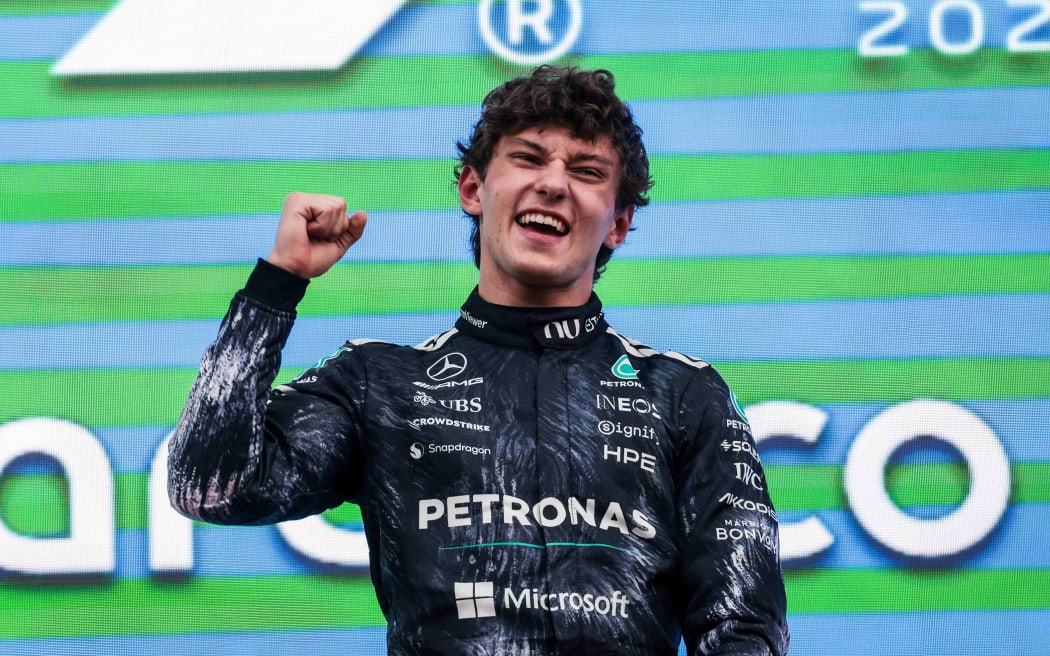 Mercedes F1 driver Kimi Antonelli celebrates.