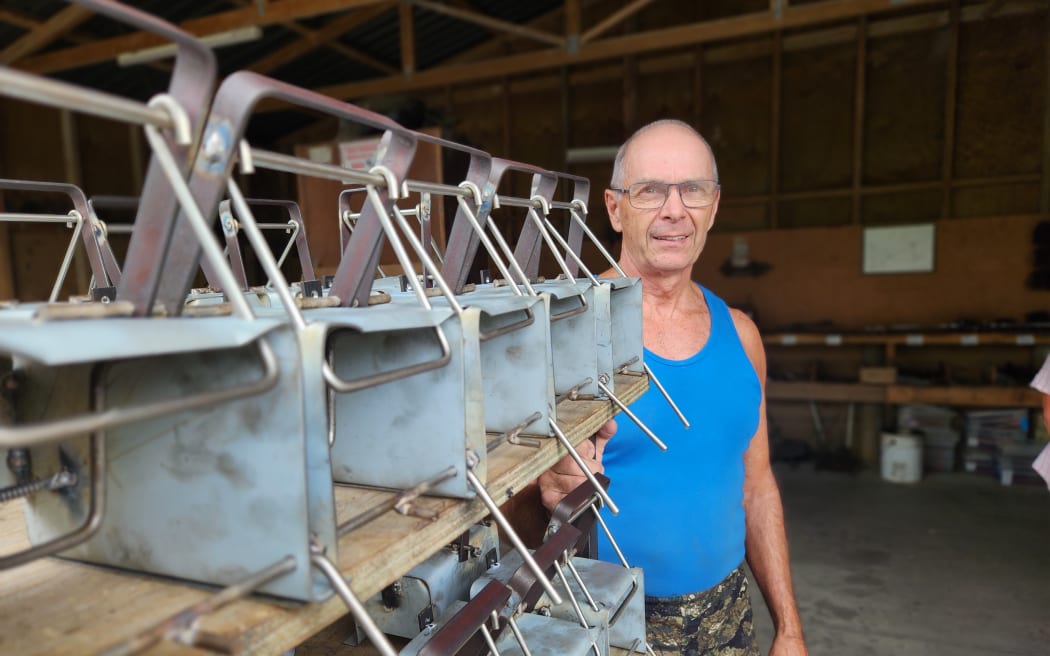 Steve Allan, trap maker and trapper, at his small factory in Northland's Takahue Valley