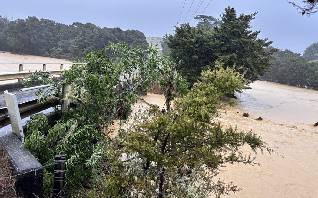 A creek near the farm, near Whangaruru, in full flood in January 2026