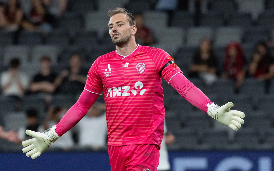 SYDNEY, AUSTRALIA - DECEMBER 19: Michael Woud of Auckland FC reacts during the round nine A-League Men match between Western Sydney Wanderers and Auckland FC at CommBank Stadium, on December 19, 2025, in Sydney, Australia. (Photo by Steve Christo - Corbis/Corbis via Getty Images)