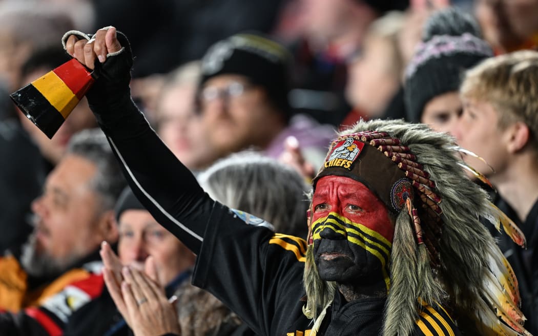 Chiefs fan with cowbell. crowd and supporters, Chiefs v Blues, Qualifying Final Super Rugby Pacific match at FMG Stadium, Hamilton, New Zealand on Saturday 7 June 2025. © Photo: Andrew Cornaga / Photosport