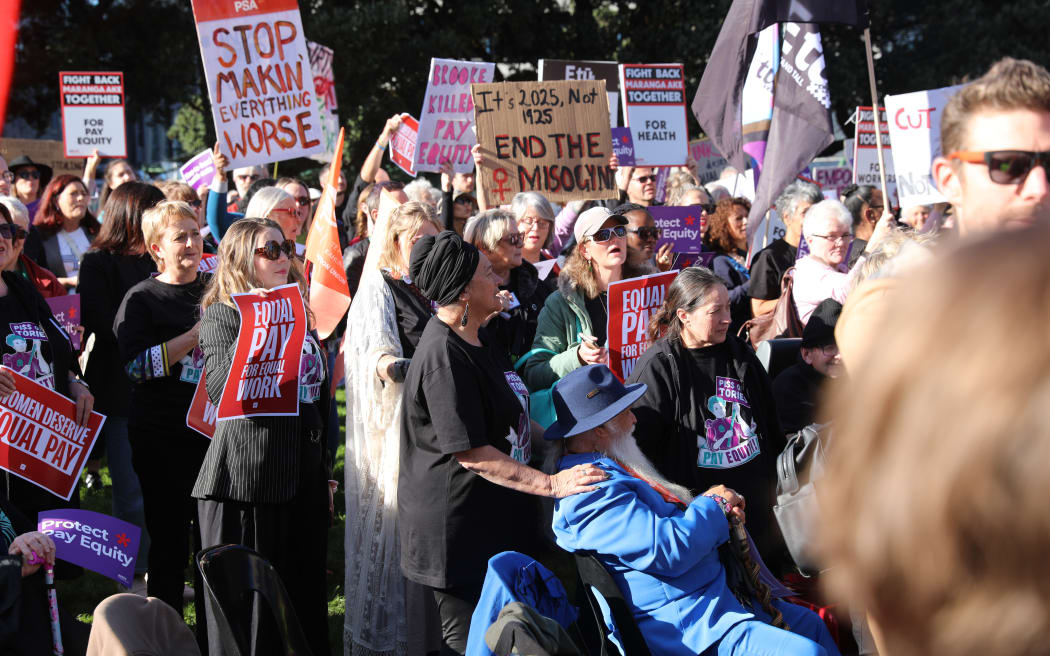 Budget Day 2025 - pay equity protestors voice their opinions outside Parliament