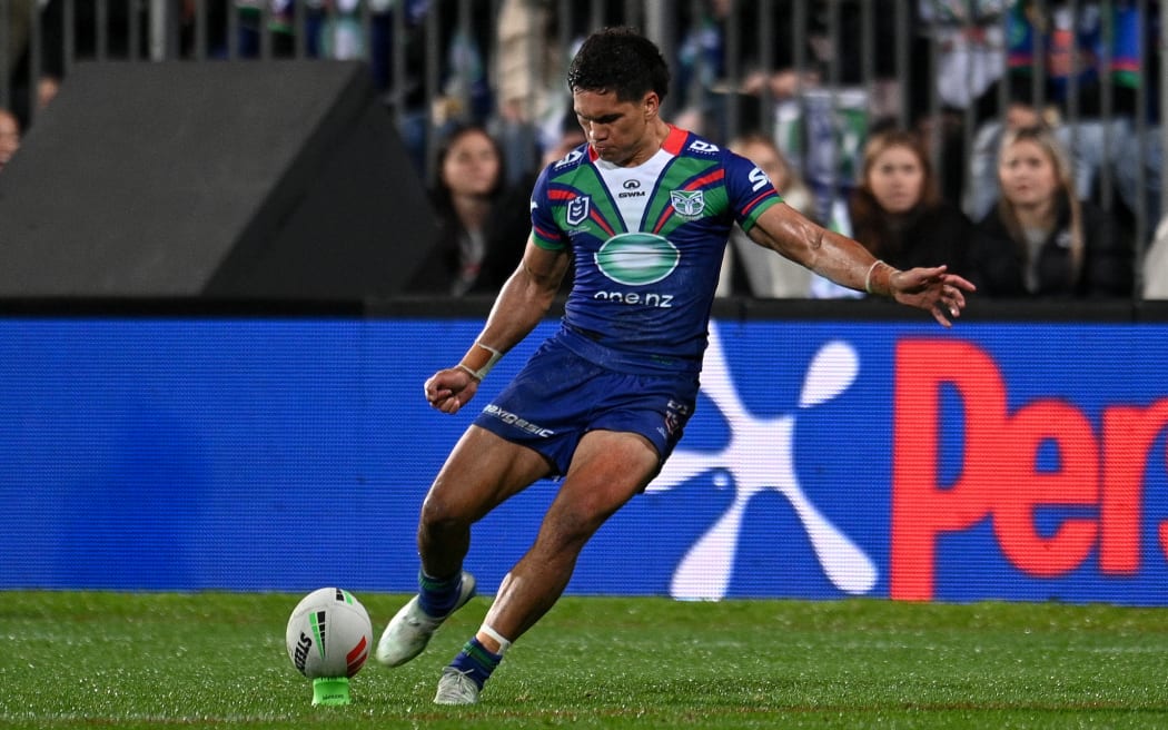 Taine Tuaupiki of the Warriors kicks a conversion during the NRL Telstra Premiership, Warriors Vs Knights at the Apollo Projects Stadium, Christchurch, New Zealand, 25th April 2025. Copyright photo: John Davidson / www.photosport.nz