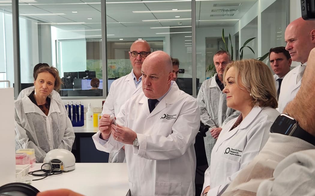 Prime Minister Christopher Luxon and then- Science, Innovation and Technology Minister Judith Collins at the Plant and Food labs in Mt Albert in 2024.
