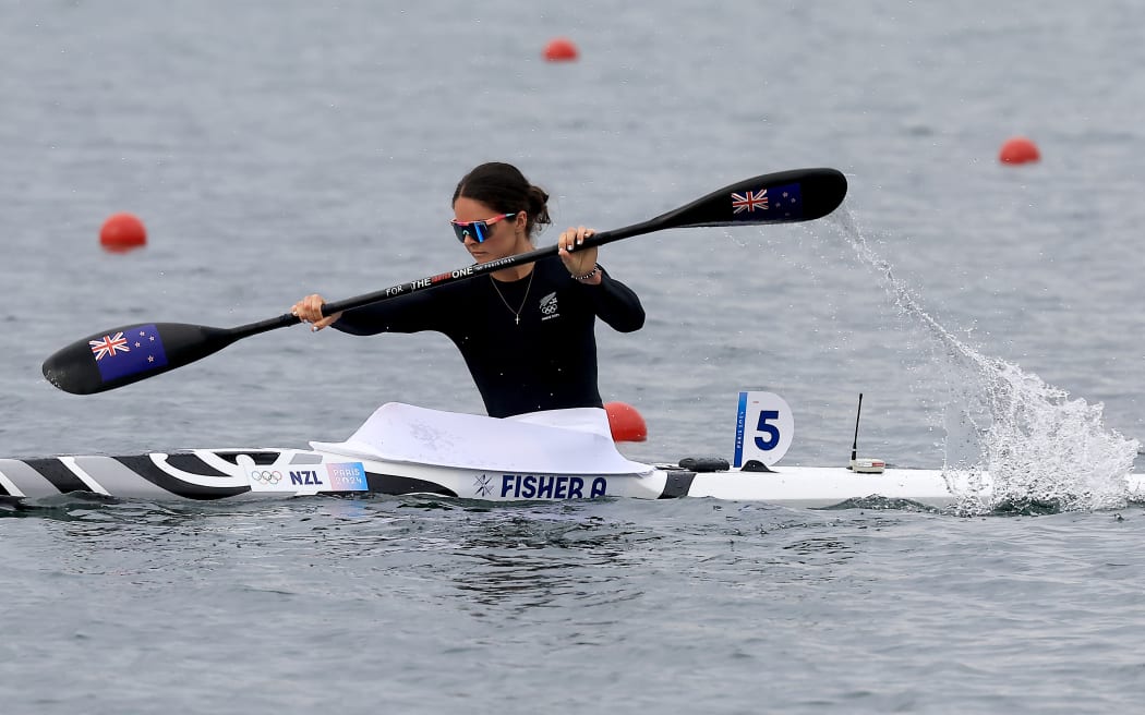 Aimee Fisher from New Zealand in the womens kayak single 500m heats.
Canoe sprint at Vaires-sur-Marne Nautical Stadium-flat water, Paris, France on Wednesday 7 August 2024. Photo credit: Iain McGregor / www.photosport.nz