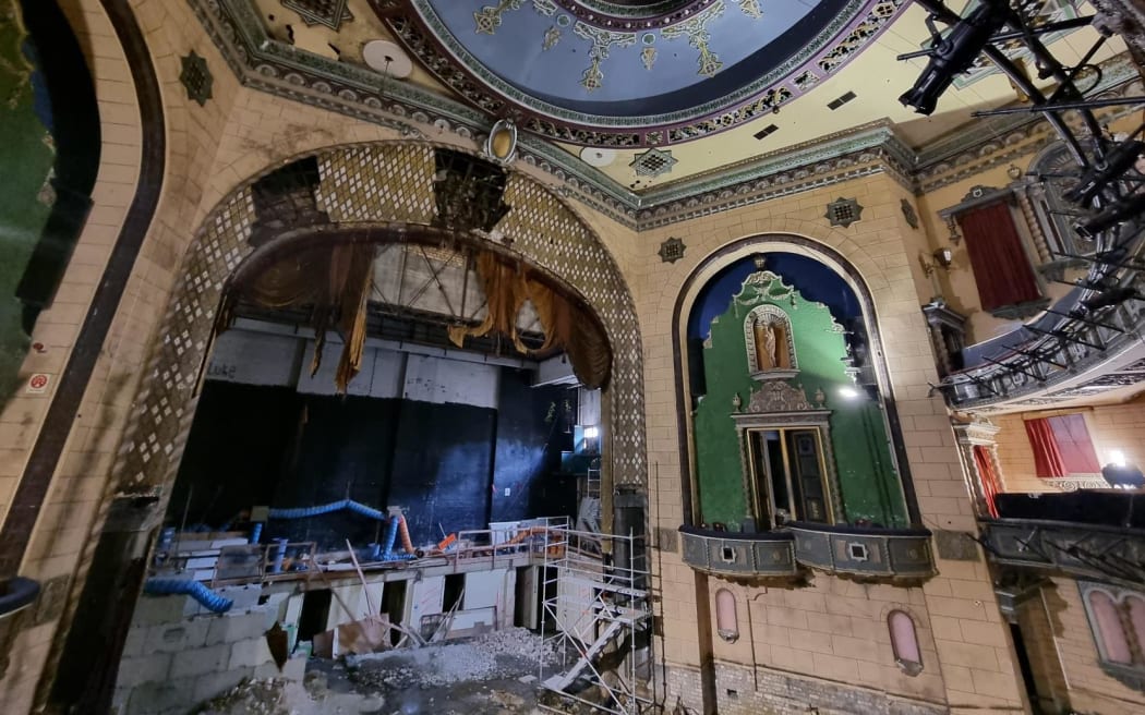 Inside Auckland's damaged St James Theatre.