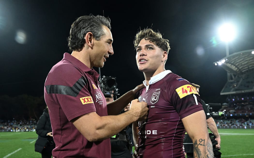 Maroons coach Billy Slater congratulates Reece Walsh following State of Origin 2023 - Game 1 between the NSW Blues and the Queensland Maroons at Adelaide Oval in Adelaide, Wednesday, May 31, 2023. (AAP Image/Dave Hunt/ www.photosport.nz