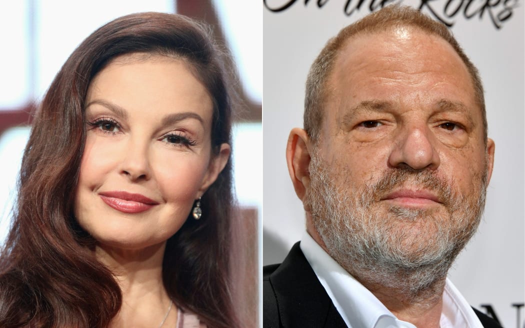 Ashley Judd onstage during the EPIX portion of the 2017 Summer Television Critics Association Press Tour on July 24, 2017; US film producer Harvey Weinstein attending the De Grisogono Party on the sidelines of the 70th Cannes Film Festival in Antibes, France, on May 23, 2017.